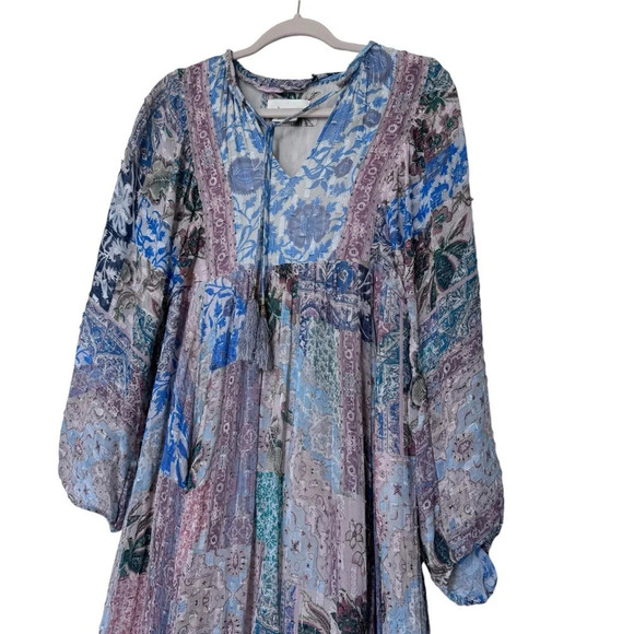 Anthropologie Sky Cressida Balloon Sleeve Midi Dress Tassel Beach Boho Fun Sz XS - Picture 10 of 14